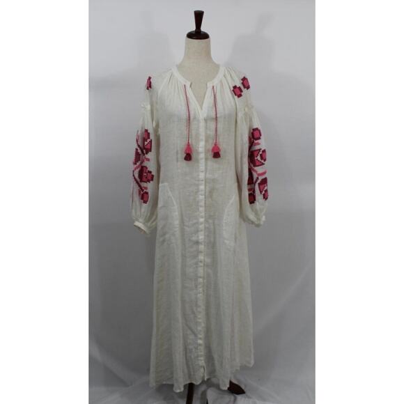 ELEVEN March 11 Sz XS Ivory Linen Pink Embroidered Belted Midi Dress - Picture 6 of 9